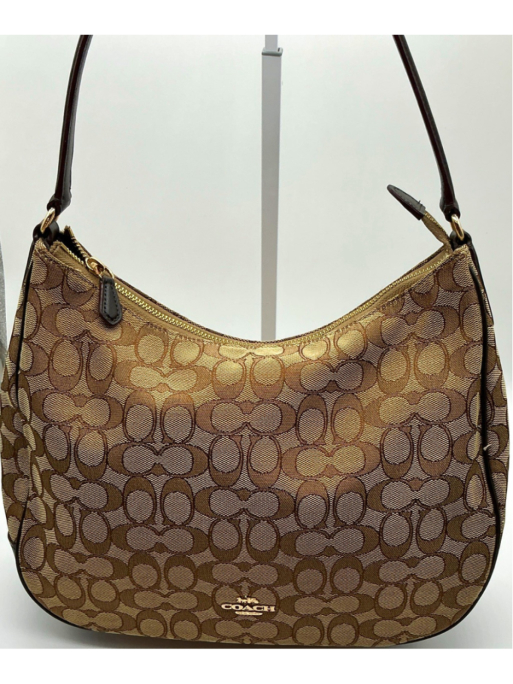 Coach F29959 Signature Jacquard Hobo Shoulder Bag Khaki Brown Leather